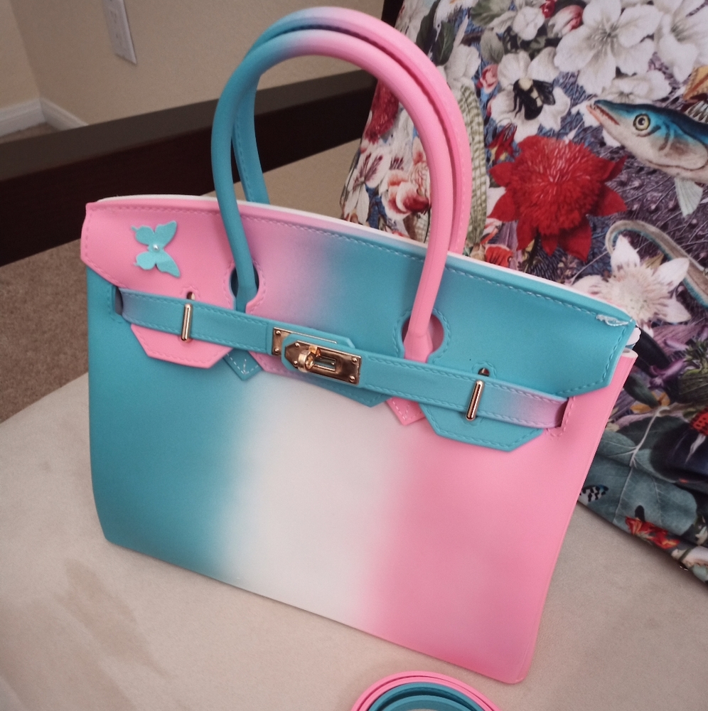Jelly cotton candy style sherbert pink white and blue tote brand new never used